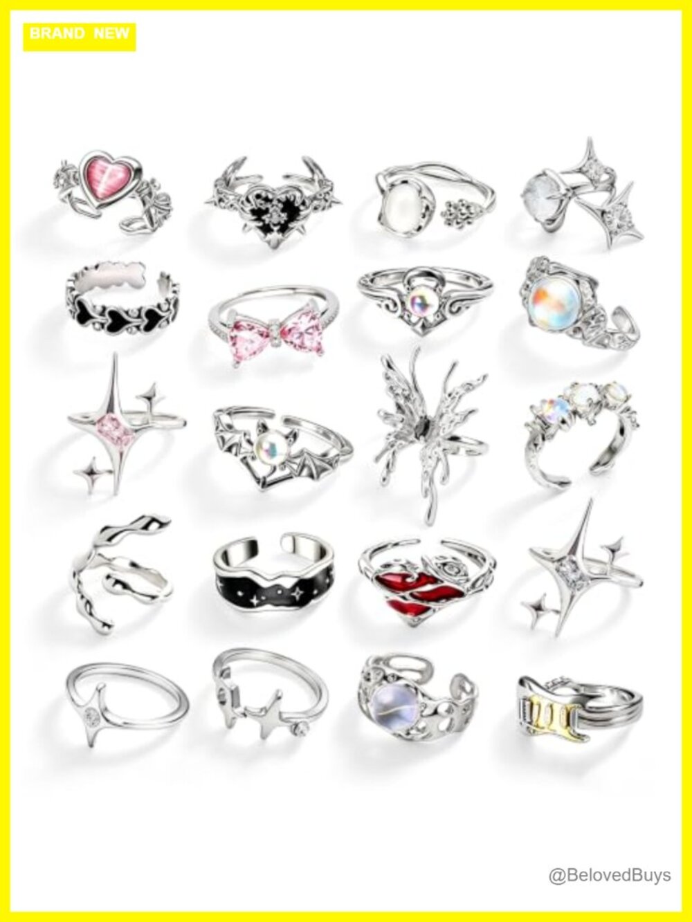 20 Piece Y2k Silver Tone Alloy Ring Set Adjustable Stackable Statement Rings
